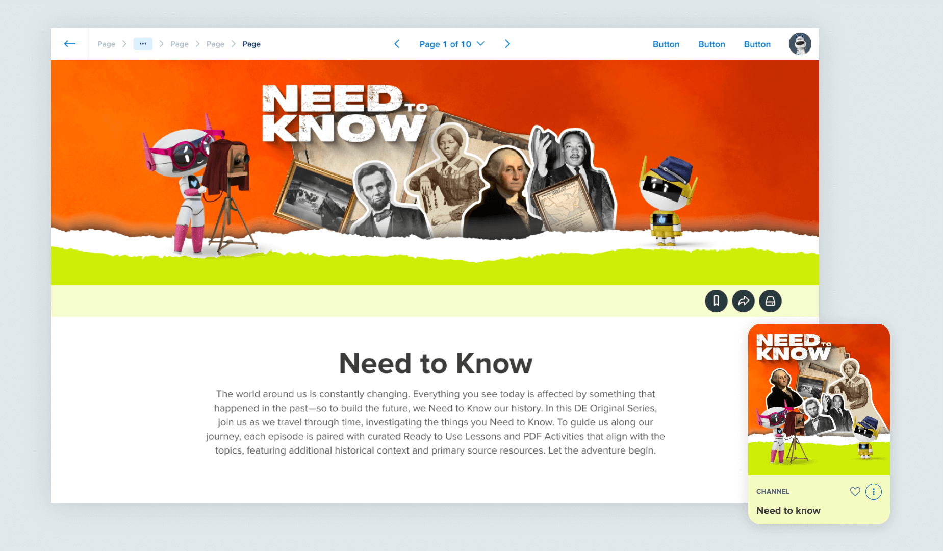 Channel banner and card: Need to Know is a video series with accompanying lessons and activities for grades 3-5. It utilizes the orange and green Social Studies color palette for the graphic elements.