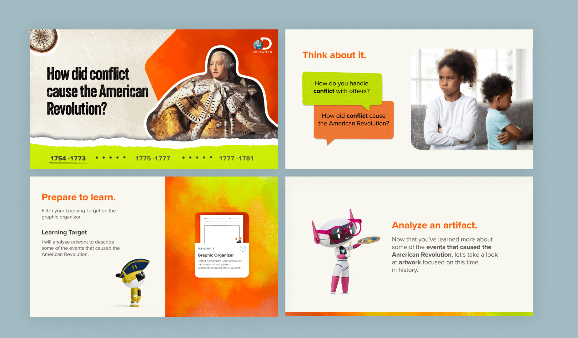 Slides from the American Revolution lessons featured on the Discovery Education learning platform.
