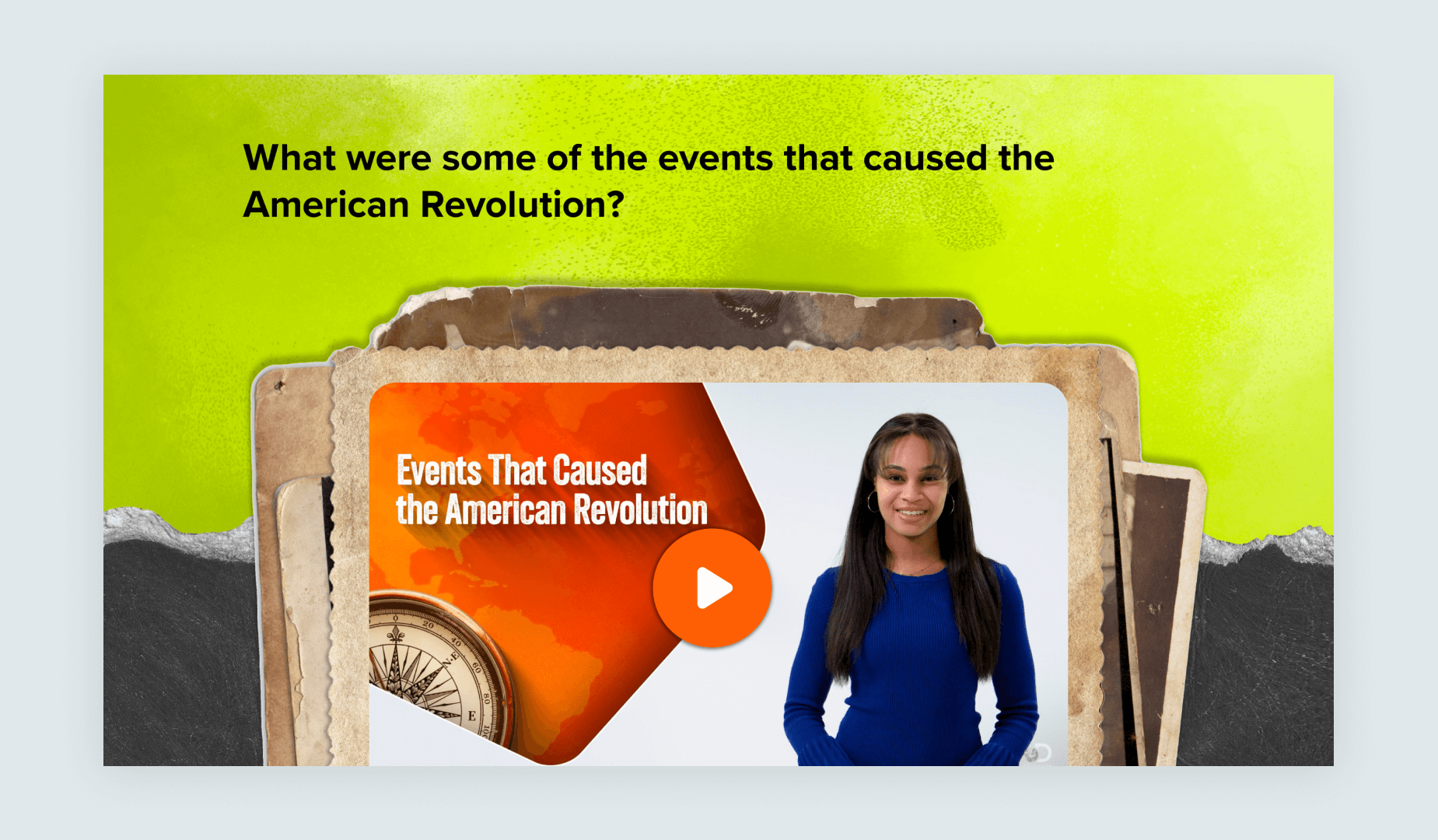 Video preview slide from the American Revolution lessons featured on the Discovery Education learning platform.