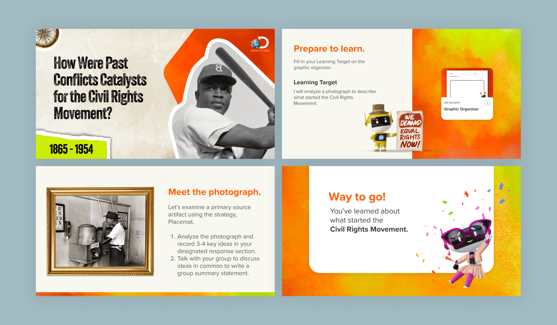 Slides from the Civil Rights Movement lessons featured on the Discovery Education learning platform.