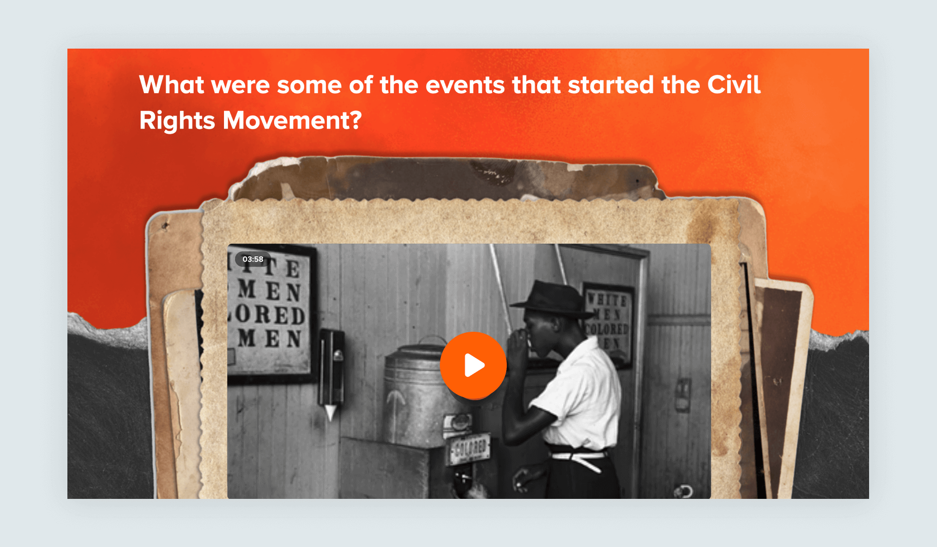 Video preview slide from the Civil Rights Movement lessons featured on the Discovery Education learning platform.