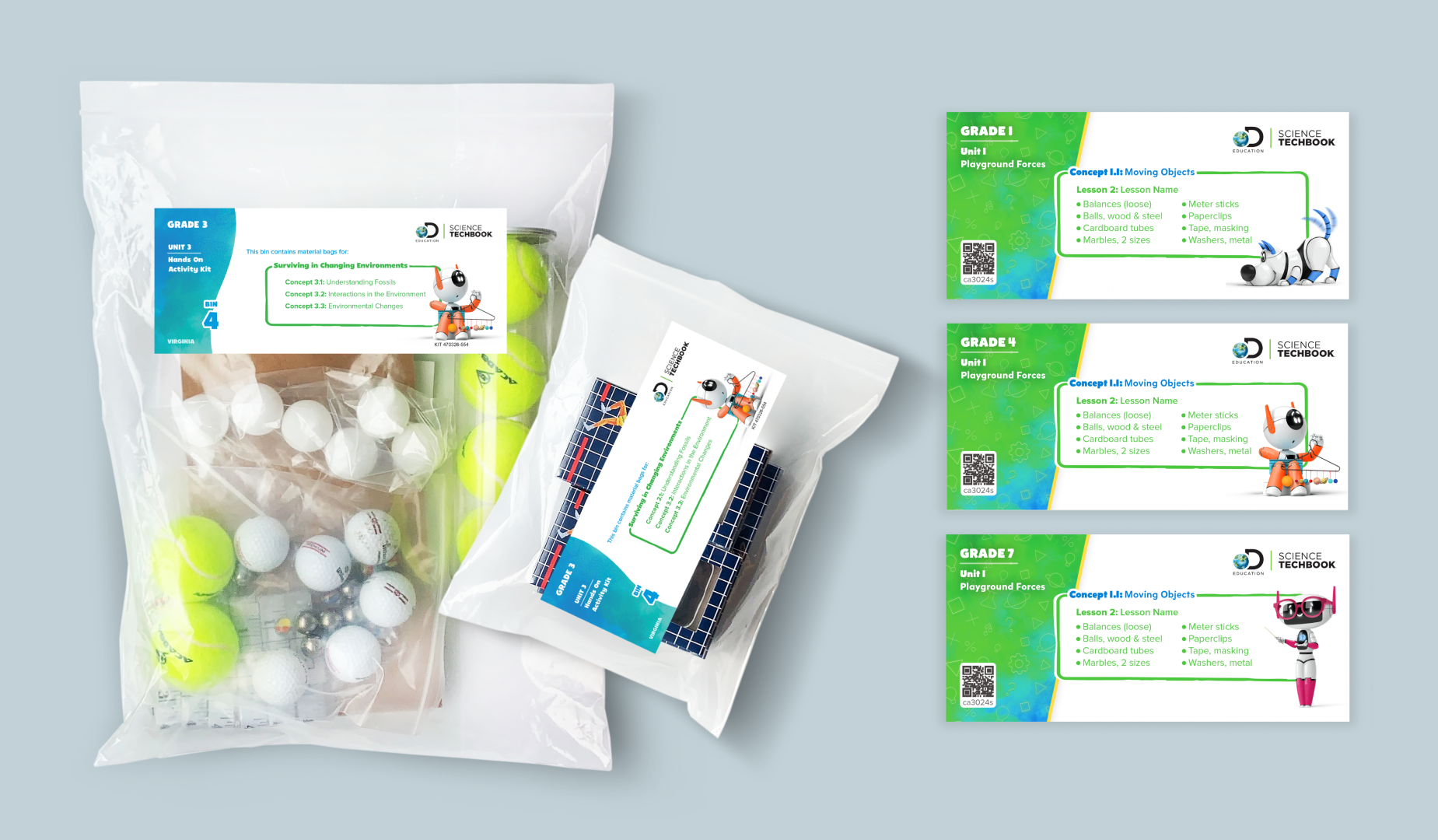 Our Hands-On Activity DE Science Kits use the Science Gradient 2 and the Science Neon patterns along with other green elements to reinforce our Science branding.