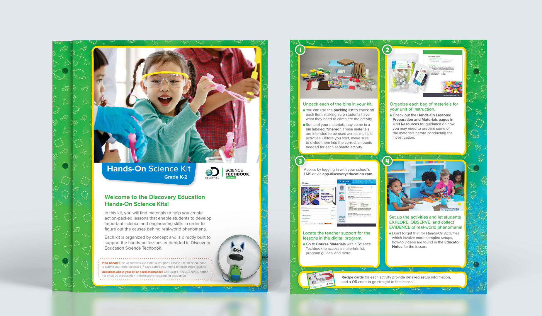 The Hands-On Activity Quick Start Guides utilize the Science Gradient 2 and the Neon Science pattern along with green header type. This really pulls it all together to represent the vibe we are going for in Science.