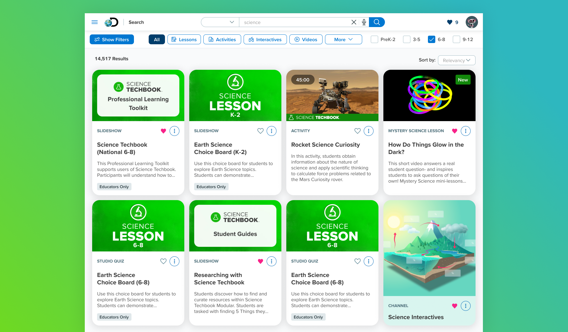 A search on the platform for the term “science” turns up a variety of cards for everything from lessons to professional learning resources to an Interactives Channel with science-themed thumbnail art using the Science Color Palette.