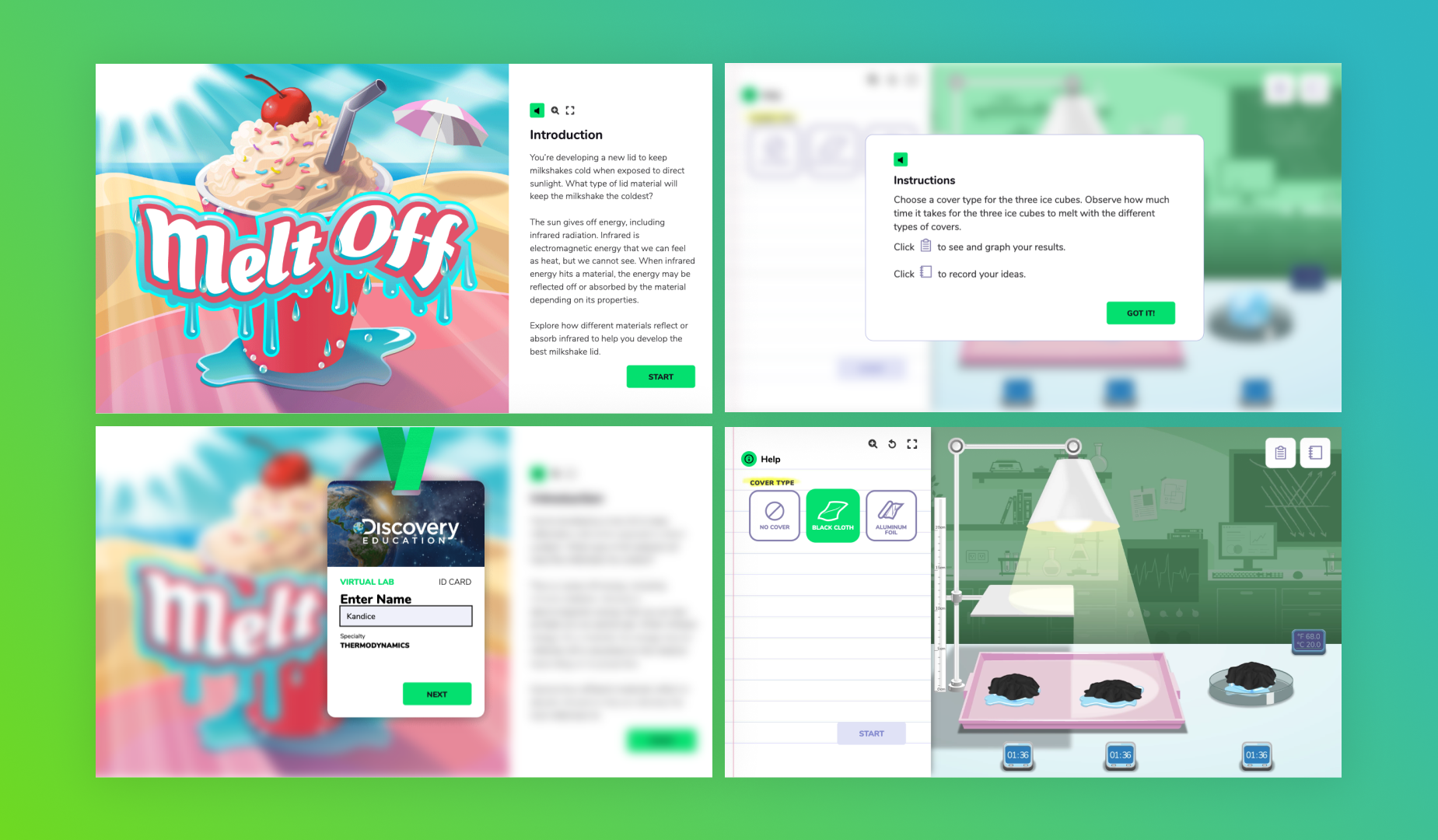 Our interactive learning games utilize the Science Green color palette for the user interface elements.