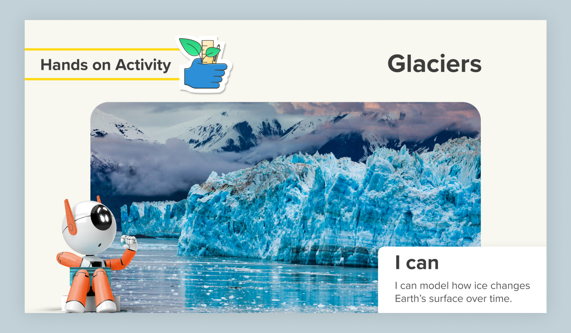 This lesson slide uses the 3-5 Hands-On Activity ideogram to indicate the lesson type.  *Note- color palette is specific to Science Techbook.