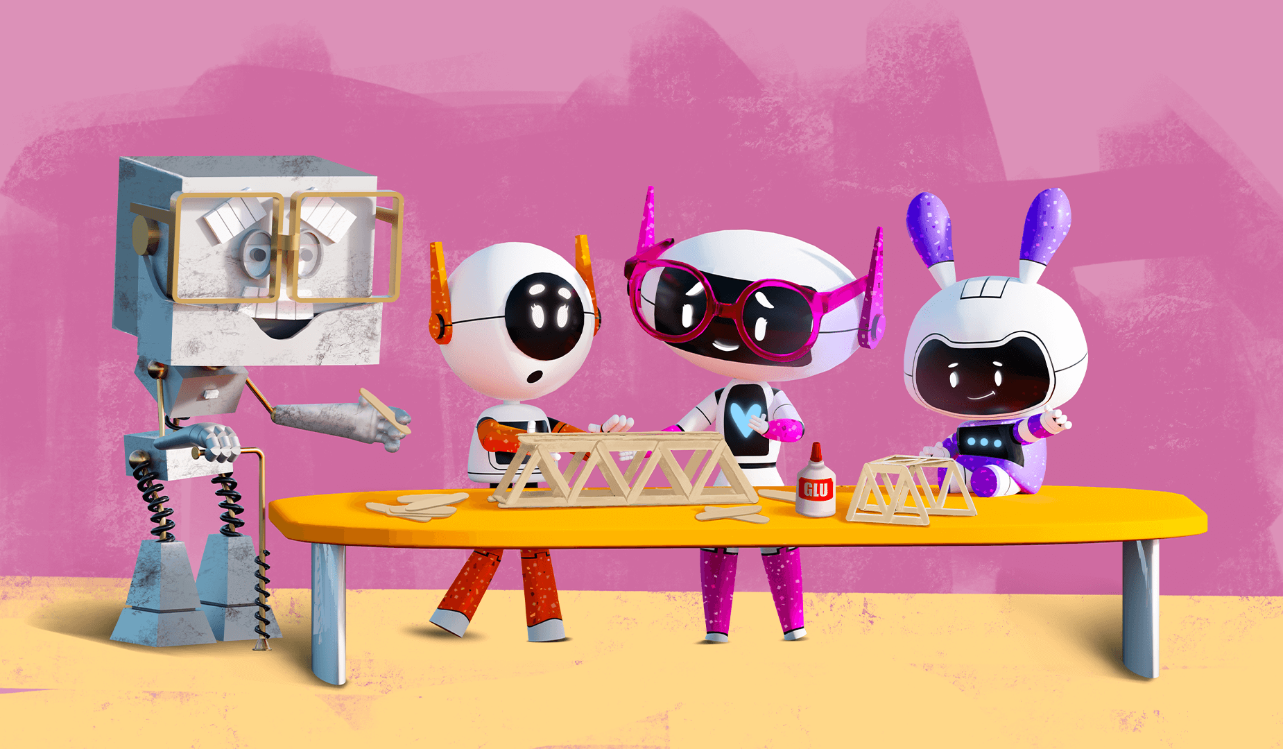 The piece art showcases a scene of the DE Characters working together to build a model bridge. It utilizes the Health color palette for the interior elements of the wall and floor.
