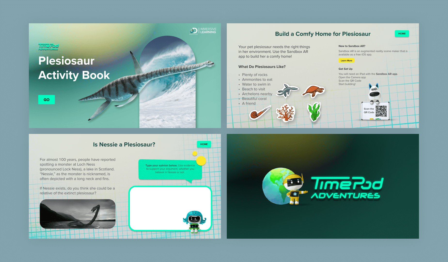On slides from the Plesiosaur Encounter lesson the teal from the STEM color palette is used on the buttons, accents and logo. The secondary yellow color is introduced as well.
