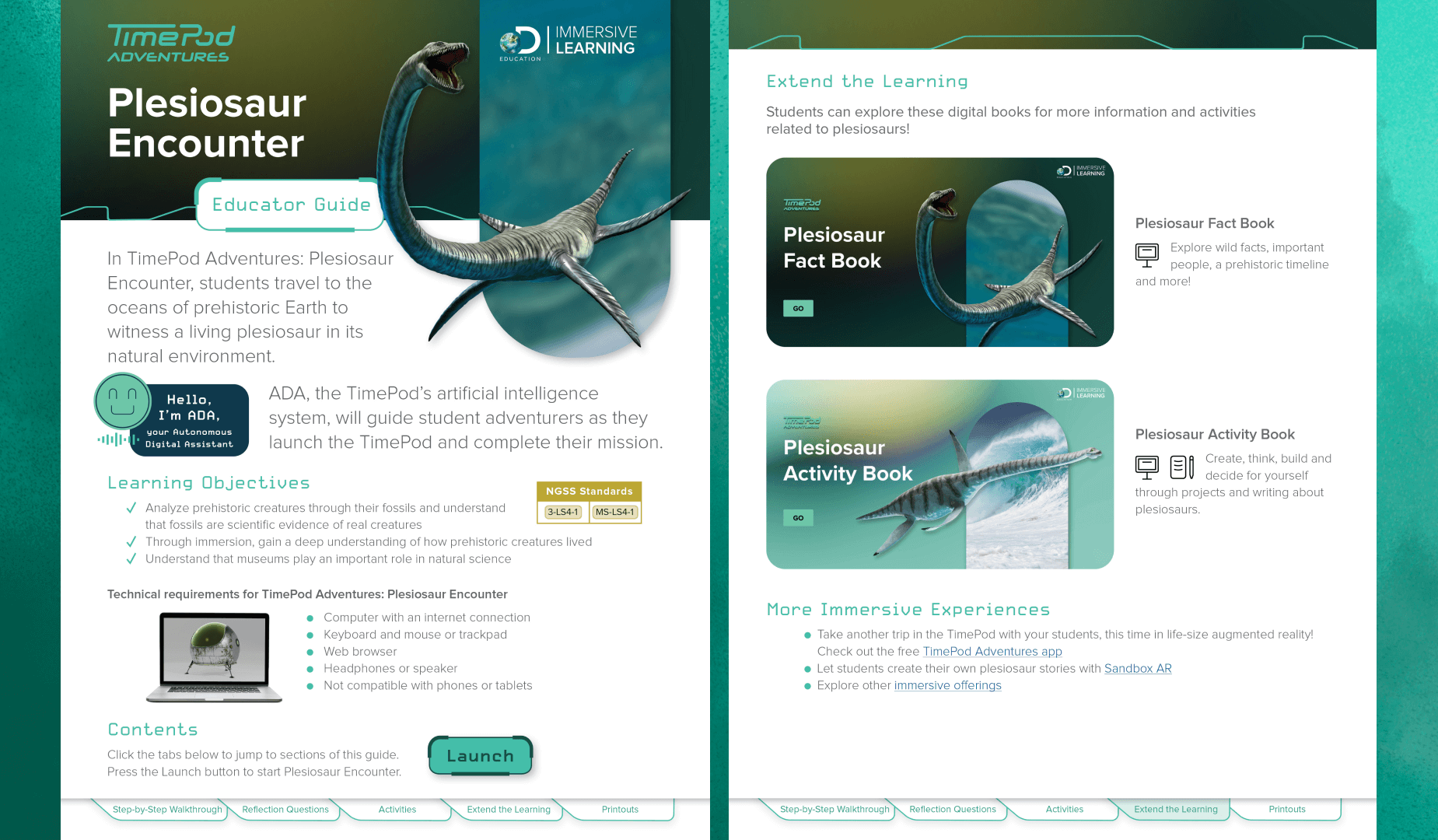 On this PDF Educator guide for the Plesiosaur Encounter the teal from the STEM color palette is used on the buttons, type and logo. The secondary yellow color is introduced as well.