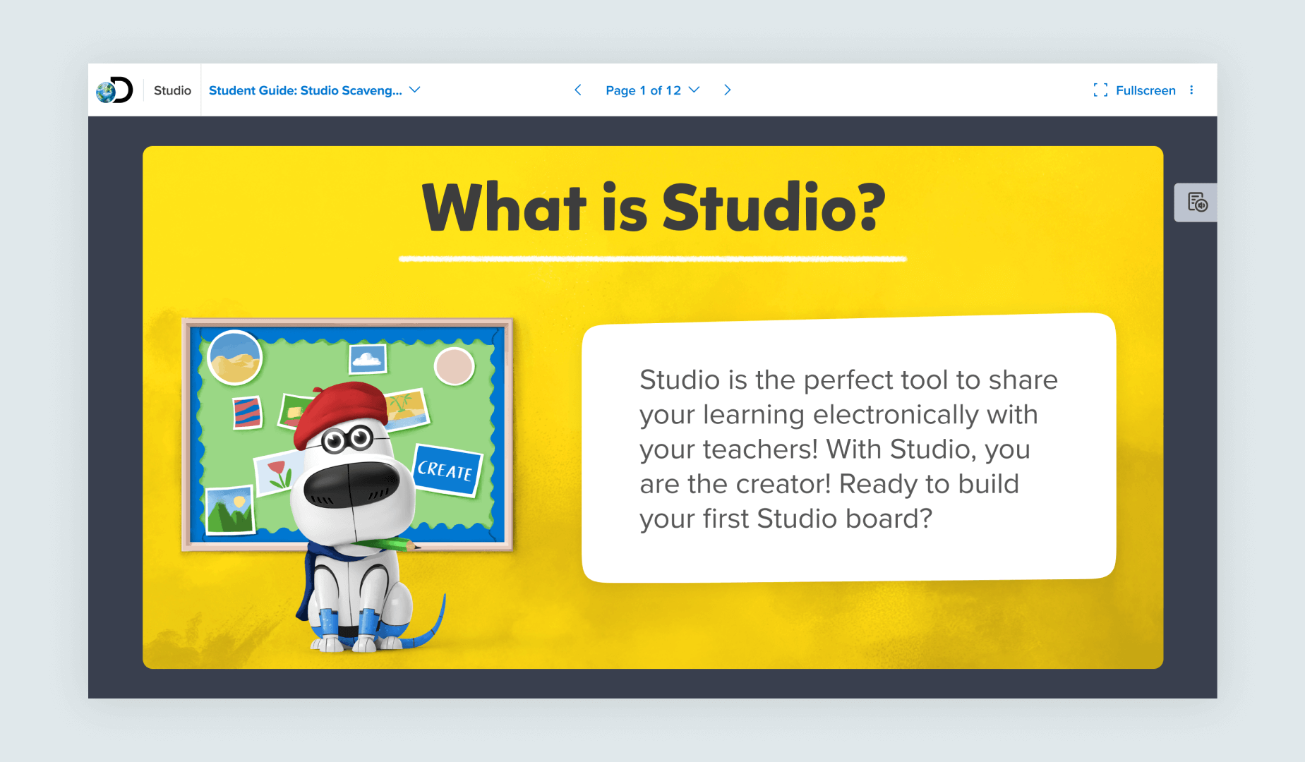This instructional Scavenger Hunt style lesson teaches students and teachers how to use our own internal presentation tool Studio. Because it is a lesson teaching how use our tools, it uses the ELA color palette. This intro slide utilizes the primary palette yellow.
