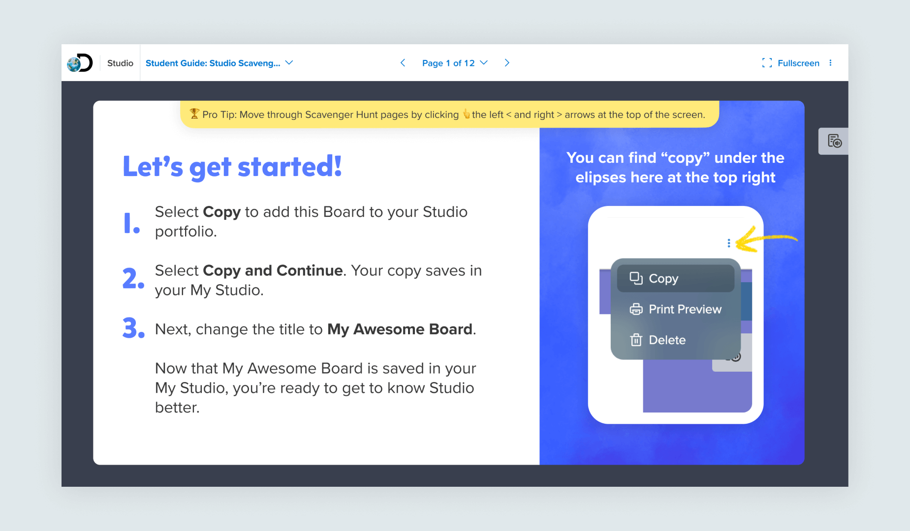 This instructional Scavenger Hunt style lesson teaches students and teachers how to use our own internal presentation tool Studio. Because it is a lesson teaching how use our tools, it uses the ELA color palette.