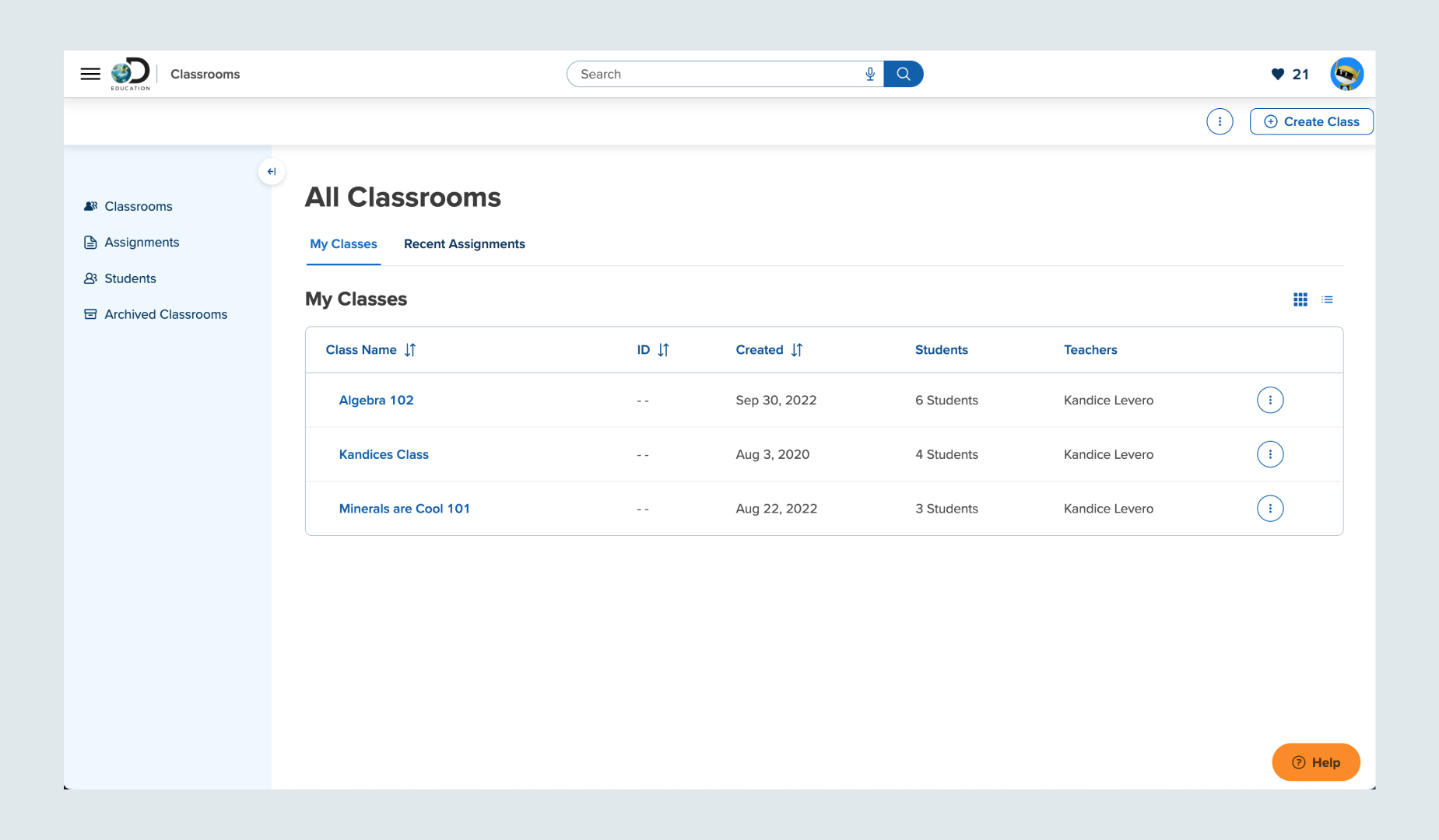 Additional UI icons in the Classrooms page include a toggle to choose a view of information and the often-used ellipses in circle to indicate expanded information available.